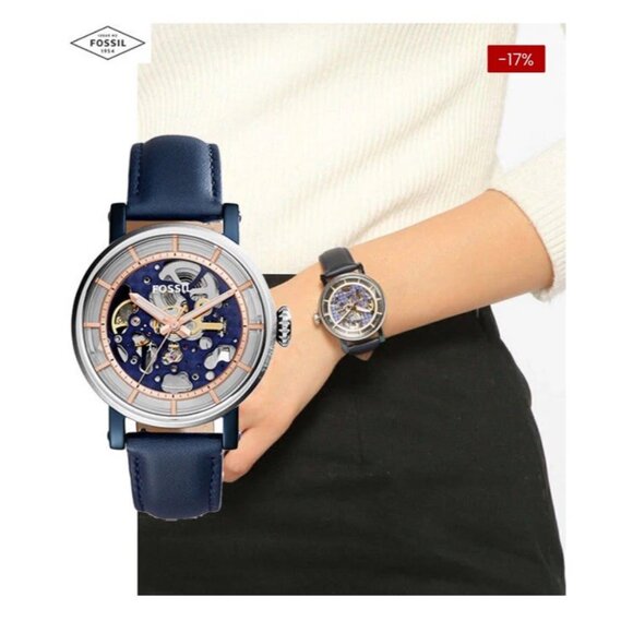 FOSSIL Automatic Watch Analog/Leather Navy Blue Clear Glass Silver Metal me3136 - Picture 1 of 7